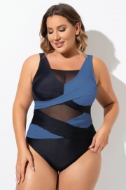 Black & Blue Sexy Cut Out Mesh One Piece Swimsuit