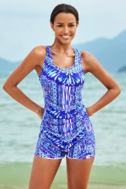 Blue Scoopneck Ruching Tummy Control Casual One-Piece Swimsuit