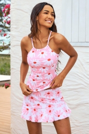 Floral Halter Neckline Crossed Back Tankini with Ruffle Skirt