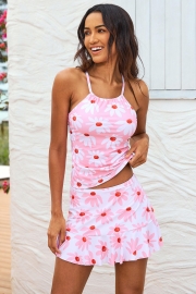 Floral Halter Neckline Crossed Back Tankini with Ruffle Skirt