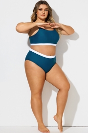 Blue & White Colorblock High Waist Bikini Bottom
