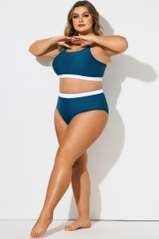 Blue & White Colorblock High Waist Bikini Bottom