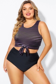 High Neck Purple Striped Knotted Crop Bikini Top