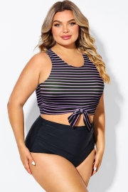 High Neck Purple Striped Knotted Crop Bikini Top