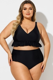 Plus Size Black V-Neck Ruffle Trim Bikini Top