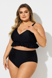 Plus Size Black V-Neck Ruffle Trim Bikini Top