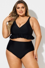 Plus Size Black V-Neck Ruffle Trim Bikini Top