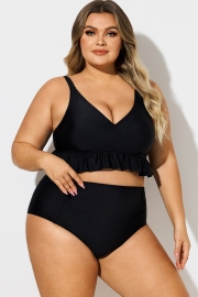 Plus Size Black V-Neck Ruffle Trim Bikini Top