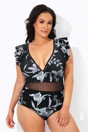 Black & White Floral Print Ruffle V-Neck One Piece Swimsuit