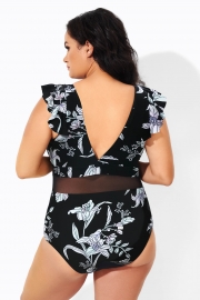 Black & White Floral Print Ruffle V-Neck One Piece Swimsuit