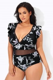 Black & White Floral Print Ruffle V-Neck One Piece Swimsuit