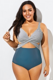 Blue Striped Underwire Cut-Out One Piece Swimsuit