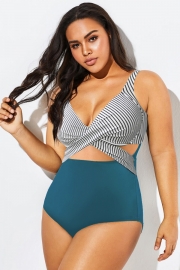Blue Striped Underwire Cut-Out One Piece Swimsuit