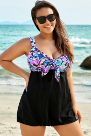 Pastel Floral Print Tie Front Tummy Control Swimdress