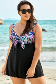 Pastel Floral Print Tie Front Tummy Control Swimdress