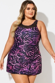 Purple Painterly Leaves Mesh High Neck Swimdress