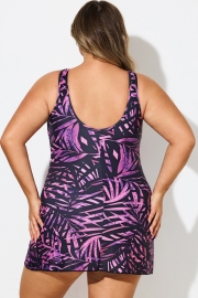 Purple Painterly Leaves Mesh High Neck Swimdress