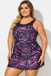 Purple Painterly Leaves Mesh High Neck Swimdress