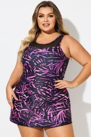 Purple Painterly Leaves Mesh High Neck Swimdress
