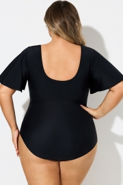 Solid Black V-Neck Sleeves One Piece Swimsuit
