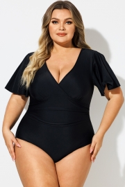 Solid Black V-Neck Sleeves One Piece Swimsuit