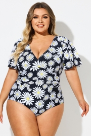 Daisy Print V-Neck Ruffle Sleeves One Piece Swimsuit