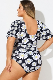 Daisy Print V-Neck Ruffle Sleeves One Piece Swimsuit
