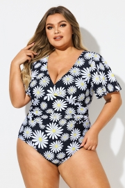 Daisy Print V-Neck Ruffle Sleeves One Piece Swimsuit