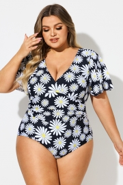 Daisy Print V-Neck Ruffle Sleeves One Piece Swimsuit