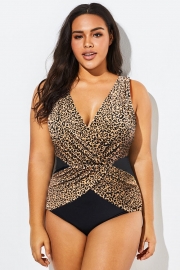 Plus Size Leopard Print V-Neck One Piece Swimsuit