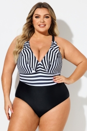 Plus Size Stripe Ruffle Trim V-Neck One Piece Swimsuit
