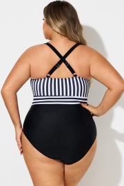 Plus Size Stripe Ruffle Trim V-Neck One Piece Swimsuit