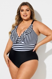 Plus Size Stripe Ruffle Trim V-Neck One Piece Swimsuit