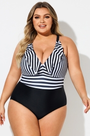 Plus Size Stripe Ruffle Trim V-Neck One Piece Swimsuit