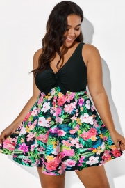 V-Neck Tropical Floral Print Tie Front Swimdress