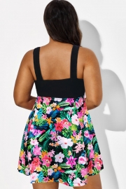 V-Neck Tropical Floral Print Tie Front Swimdress
