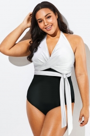 Black & White V-Neck Wrap Halter One Piece Swimsuit