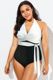Black & White V-Neck Wrap Halter One Piece Swimsuit