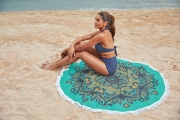 Green Floral Print Round Tassel Beach Towel