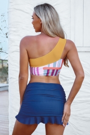 One-shoulder Colorblock  Bikini Set With Skirts