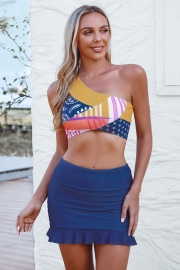 One-shoulder Colorblock  Bikini Set With Skirts