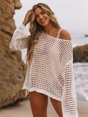 Solid White Hollow Out Knitted Cover Up
