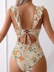 Floral Print V Neck Ruffled One-piece Swimsuit