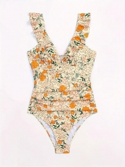 Floral Print V Neck Ruffled One-piece Swimsuit