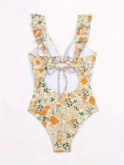 Floral Print V Neck Ruffled One-piece Swimsuit