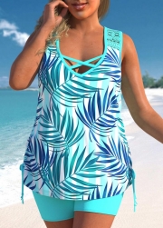 Drawstring Plants Print Fashionable Crochet Fresh Blue Tankini Top