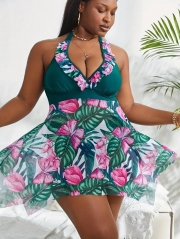 Gungle Green Wide Strap Tie Front V-Neck Lady Swimdress