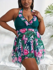 Gungle Green Wide Strap Tie Front V-Neck Lady Swimdress