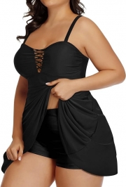 Black Crisscross Detailing Flowy Swimdress Top
