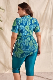 Swim Classy Plus Tropical Print Tankini Set Short Sleeve Swim Shirt & Shorts & Cover Up Skirt 3 Piece Bathing Suit